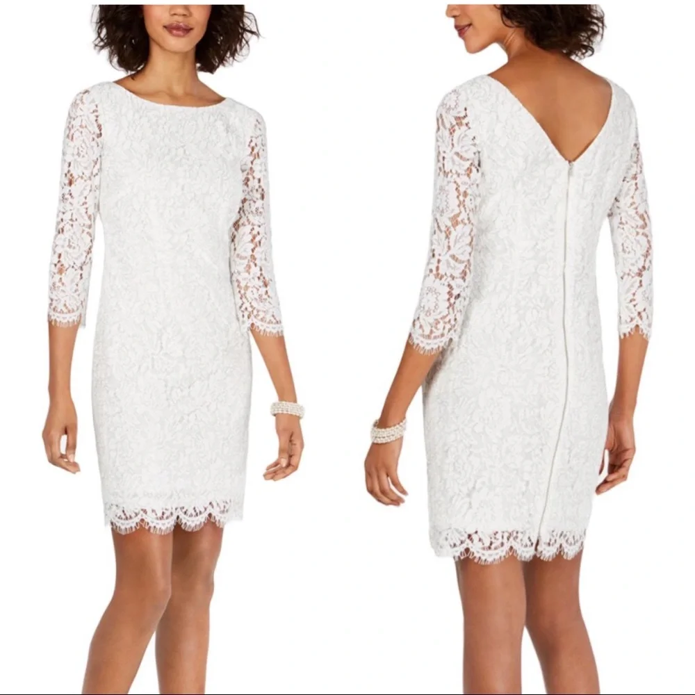 ✖️SOLD✖️•ADRIANNA PAPELL•White Formal Lace-Overlay Sheath Dress w/Metallic Sheen - Picture 1 of 15